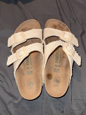 Birkenstock Beige Two-Strap Canvas Sandals